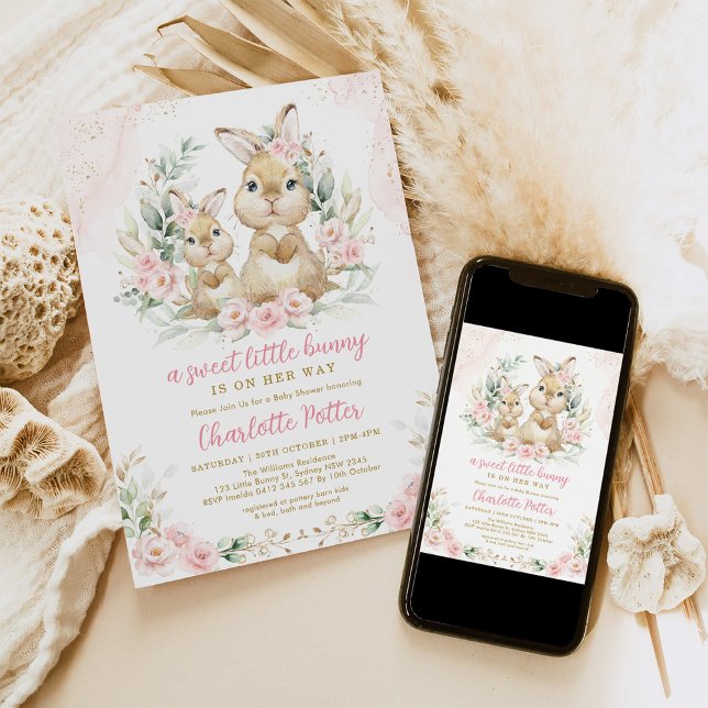 Pretty Bunny Pink Floral Eucalyptus Baby Shower Invitation (Creator Uploaded)
