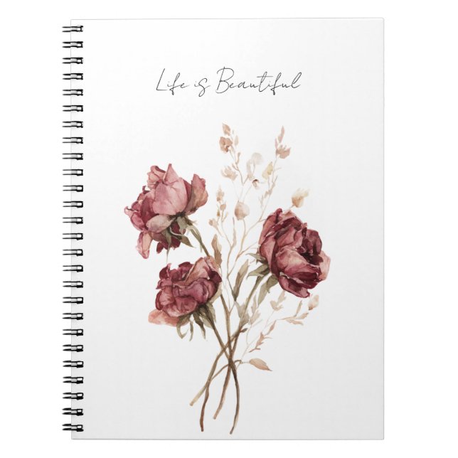 Pretty Burgundy Red Roses Floral Notebook (Front)
