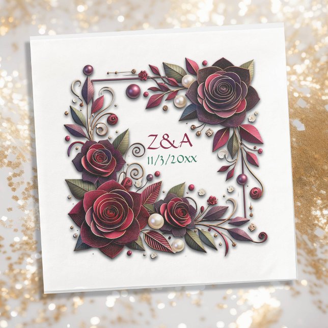 Pretty Burgundy Roses Floral Monogrammed Napkin (Creator Uploaded)