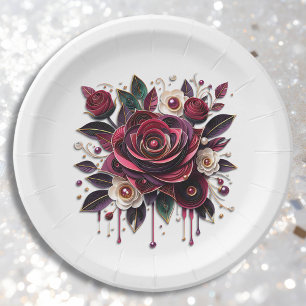 Pretty Burgundy Roses Floral Paper Plate