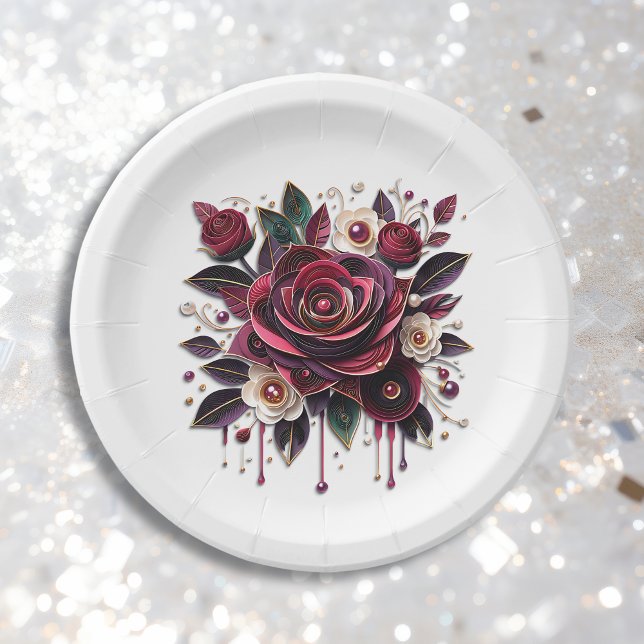 Pretty Burgundy Roses Floral Paper Plate (Creator Uploaded)