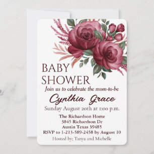 Pretty Burgundy Watercolor Flowers Baby Shower Inv Holiday Card