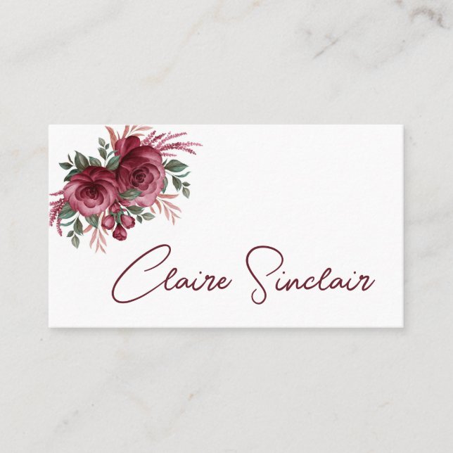Pretty Burgundy Watercolor Flowers   Business Card (Front)