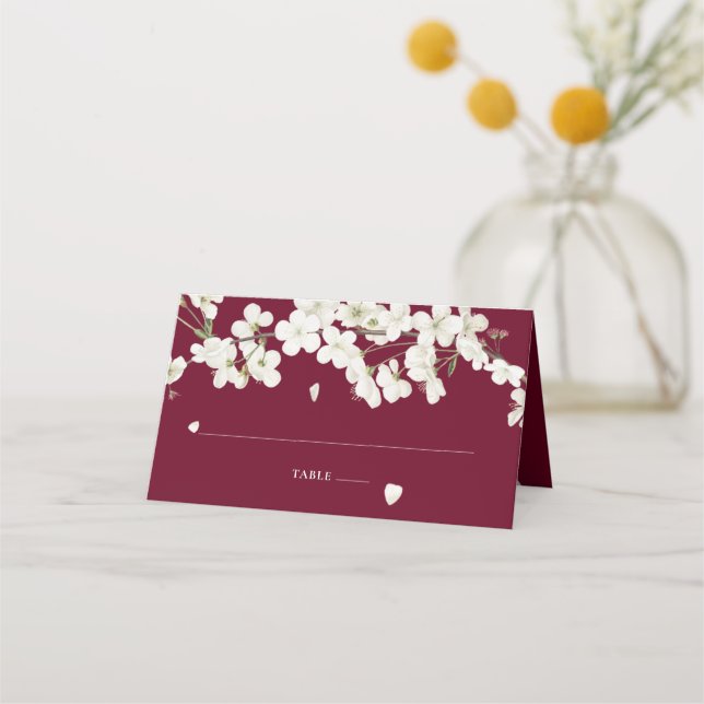 Pretty Burgundy White Blossom Floral Wedding Place Card (Front)