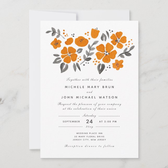 Pretty Burnt Orange Fall Floral Folk Wedding Invitation (Front)