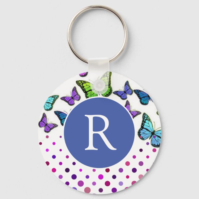 Pretty Butterflies and Dots Monogram Key Ring (Front)