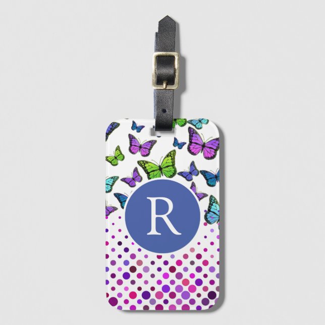 Pretty Butterflies and Dots Monogram Luggage Tag (Front Vertical)