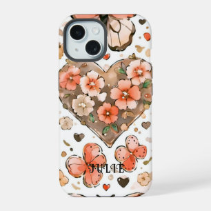 Pretty Butterflies, Hearts and Flowers Custom Name iPhone 15 Case