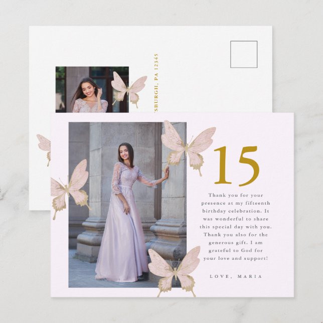 Pretty Butterflies Two Photo Quinceanera Thank You Postcard (Front/Back)