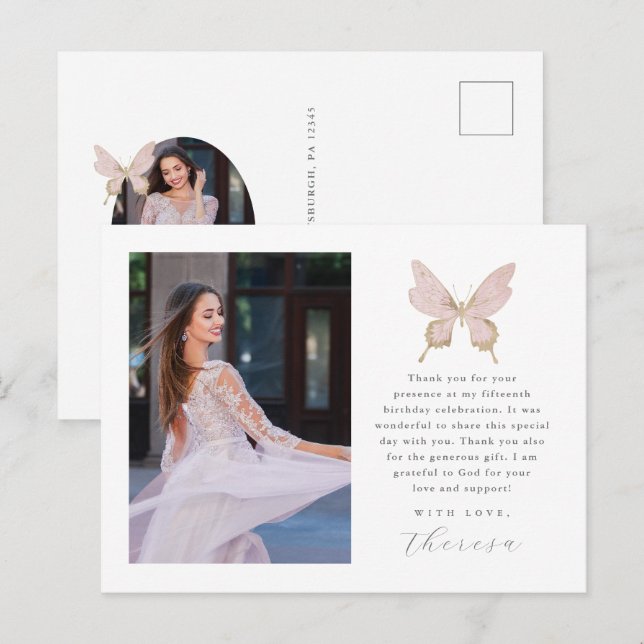 Pretty Butterfly Blush Photo Quinceanera Thank You Postcard (Front/Back)