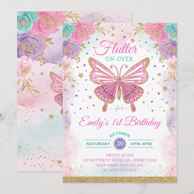 Pretty Butterfly Fairy Garden Floral Girl Birthday Invitation (Front/Back)