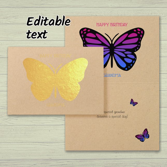 Pretty butterfly grandma customised birthday gold foil card (Gold foil, kraft paper)