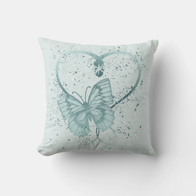 Pretty Butterfly, Heart and Paint Splatter in Teal Cushion (Front)