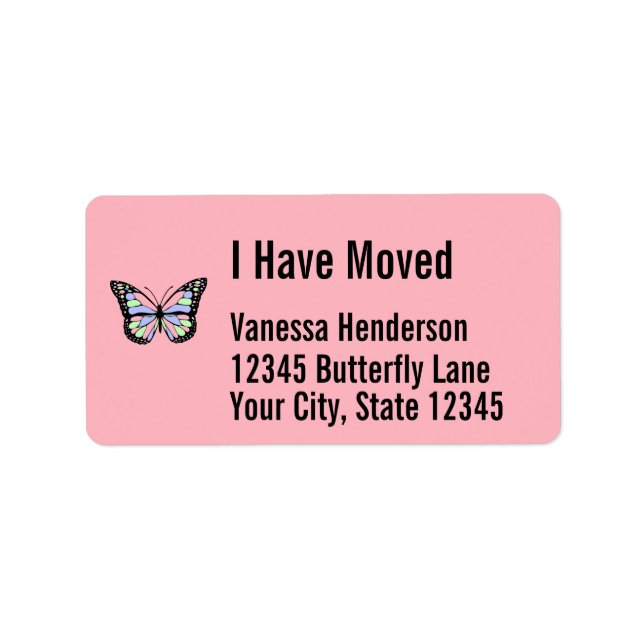 Pretty Butterfly on Pink Moving Announcement Label (Front)