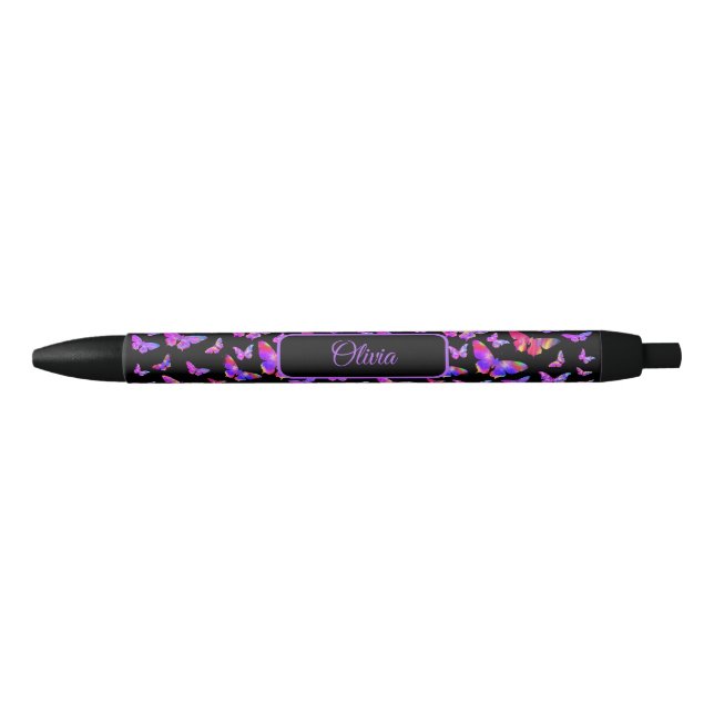 Pretty Butterfly pattern Purple Personalised  Black Ink Pen (Front)