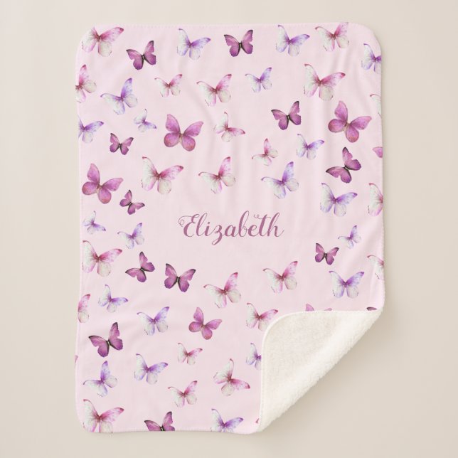 Pretty Butterfly Pink and Purple Girl  Sherpa Blanket (Front)