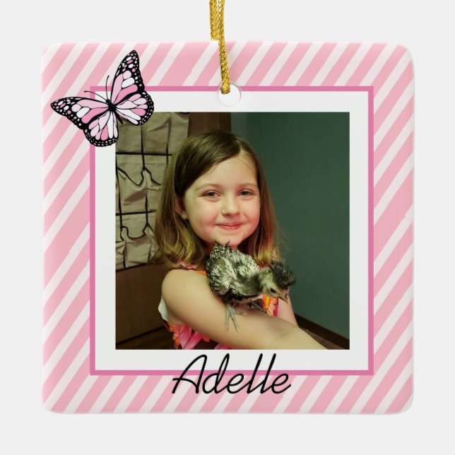 Pretty Butterfly Pink Girl's Photo Christmas Ceramic Ornament (Front)