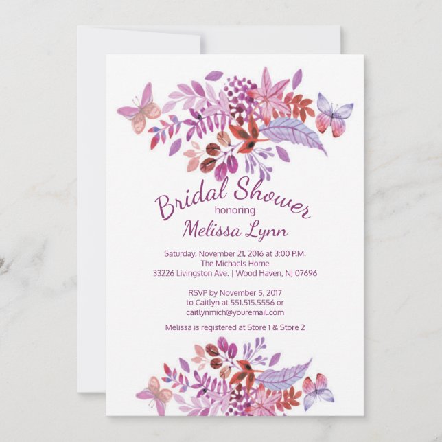 Pretty Butterfly Purple Floral Bridal Shower Invitation (Front)