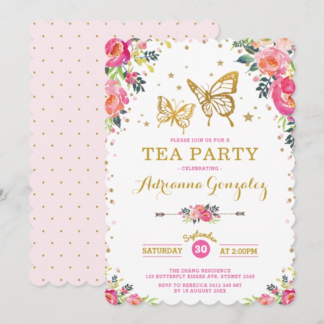 Pretty Butterfly Watercolor Floral Tea Party Invitation (Front/Back)