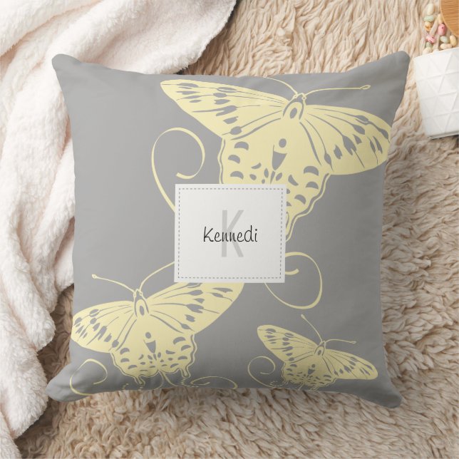 Pretty Butterfly Yellow On Grey Pattern Cushion (Blanket)