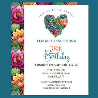 Pretty Cactus Heart 25th Birthday Invitation