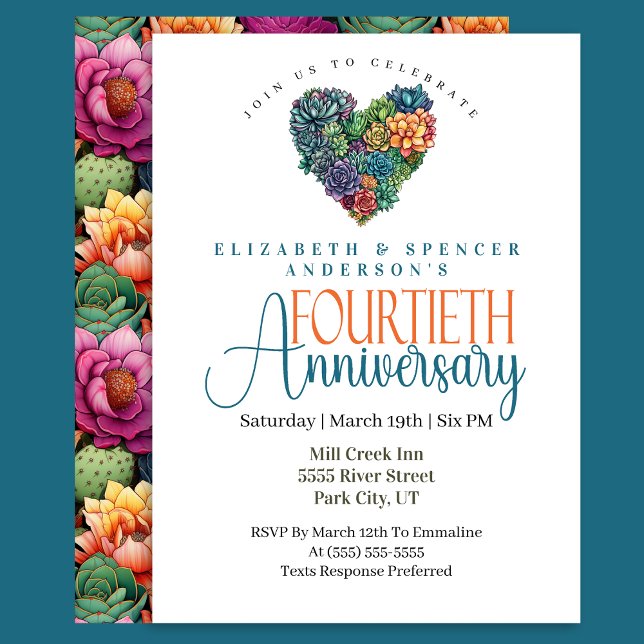 Pretty Cactus Heart 40th Wedding Anniversary Invitation (Creator Uploaded)