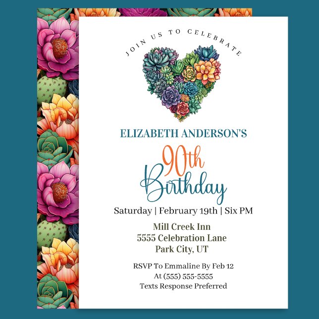 Pretty Cactus Heart 90th Birthday Invitation (Creator Uploaded)