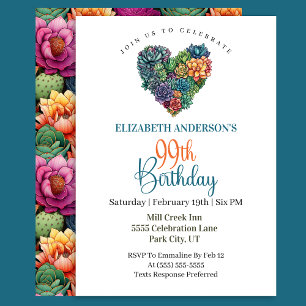 Pretty Cactus Heart 99th Birthday Invitation