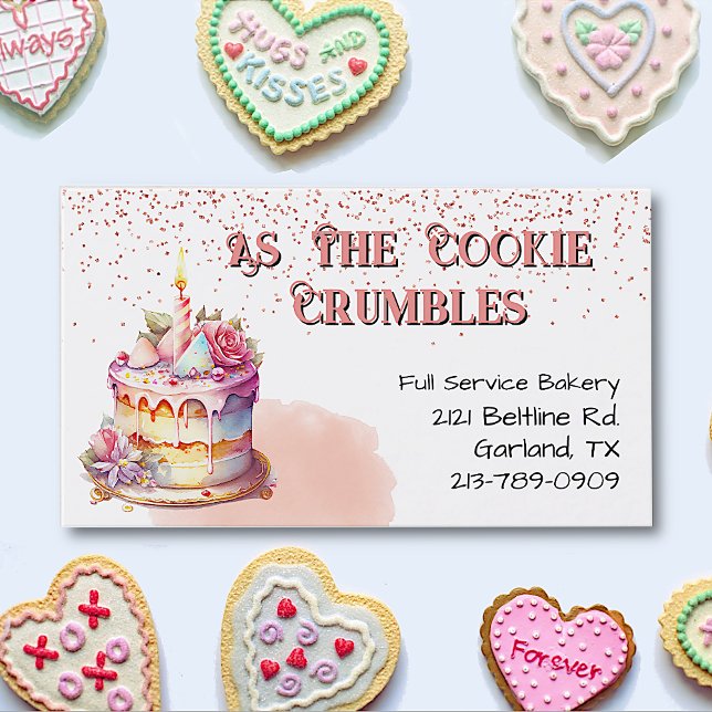 Pretty Cake and Faux Glitter Bakery Business Card (Creator Uploaded)