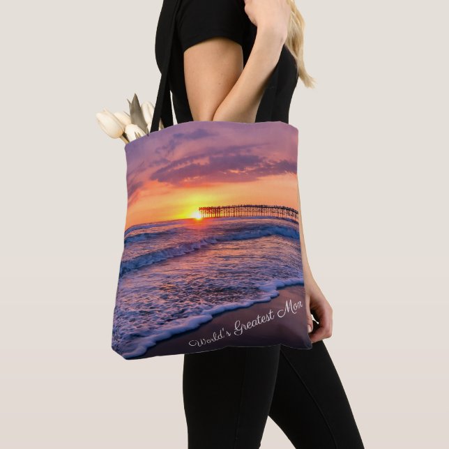 Pretty California Beach Pier Sunset Tote Bag (Close Up)