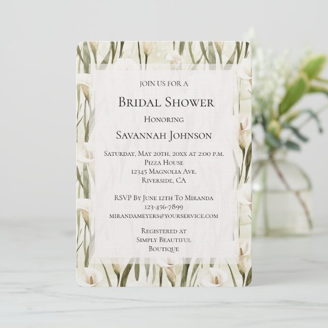 Pretty Calla Lilly Floral Bridal Shower Invitation (Standing Front)