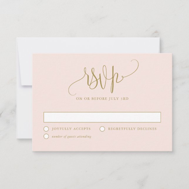 Pretty Calligraphy Script Blush and Gold Wedding RSVP Card (Front)