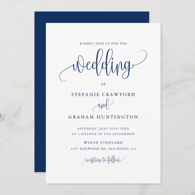 Pretty Calligraphy Script Navy Blue Wedding Invitation (Front/Back)