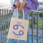 Pretty Cancer Astrology Sign Personalised Birthday Tote Bag<br><div class="desc">This pretty,  personalised purple and lavender Cancer tote bag features your astrological sign from the Zodiac in a beautiful sparkle like the constellations. Customise this cute gift with your name in beautiful cursive script for someone with a late June or early July birthday.</div>