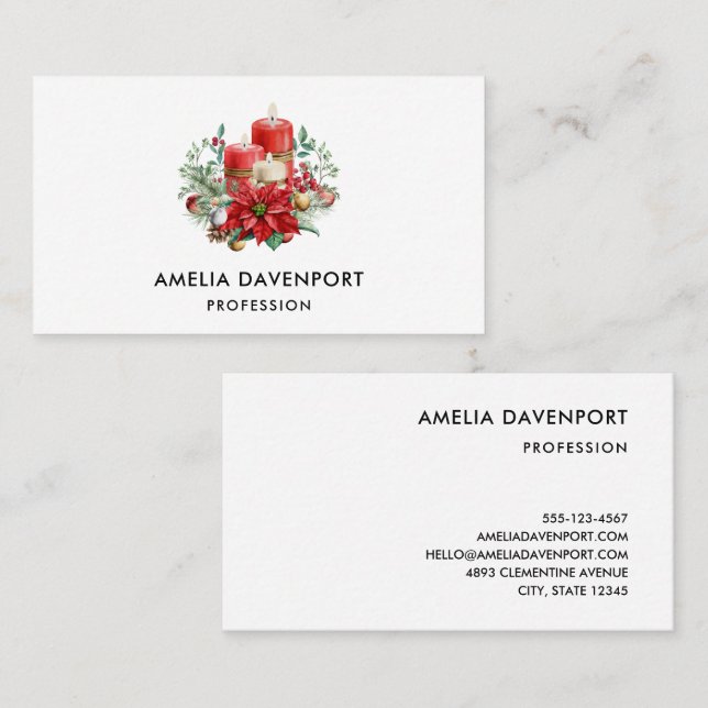 Pretty Candles and Poinsettia Bouquet Christmas Business Card (Front/Back)
