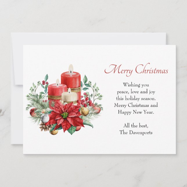 Pretty Candles and Poinsettia Bouquet Christmas Holiday Card (Front)
