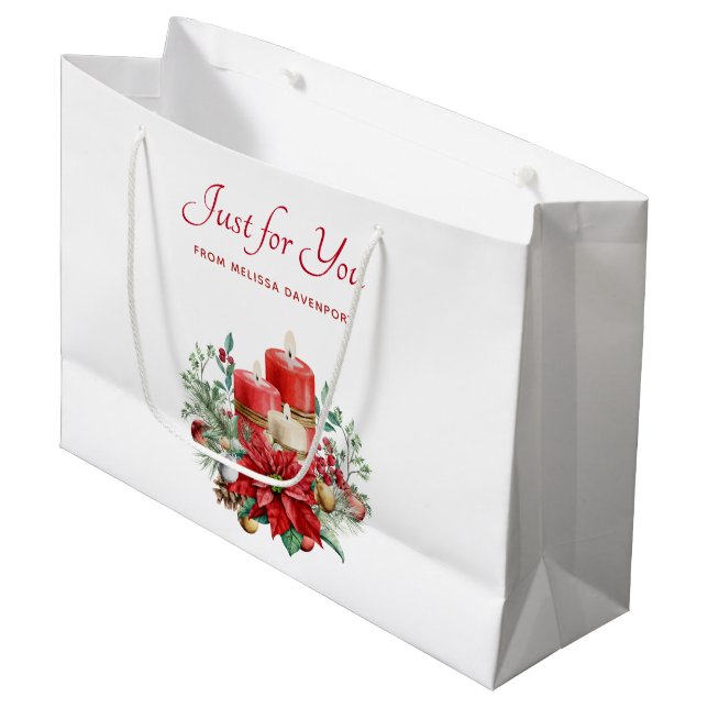 Pretty Candles and Poinsettia Bouquet Christmas Large Gift Bag (Front Angled)