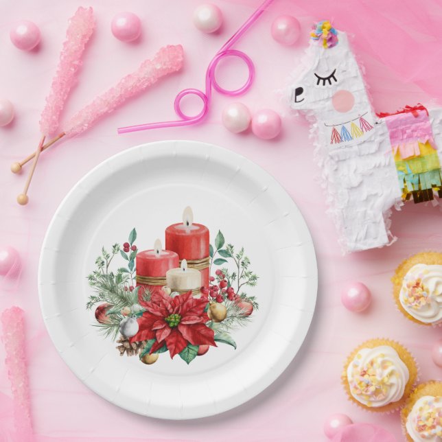 Pretty Candles and Poinsettia Bouquet Christmas Paper Plate (Party)
