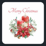 Pretty Candles and Poinsettia Bouquet Christmas Square Sticker<br><div class="desc">Stickers with a pretty bouquet made with watercolors. Red candles with gold accents and a smaller white candle too. Surrounded by a pine bouquet with a poinsettia flower.</div>