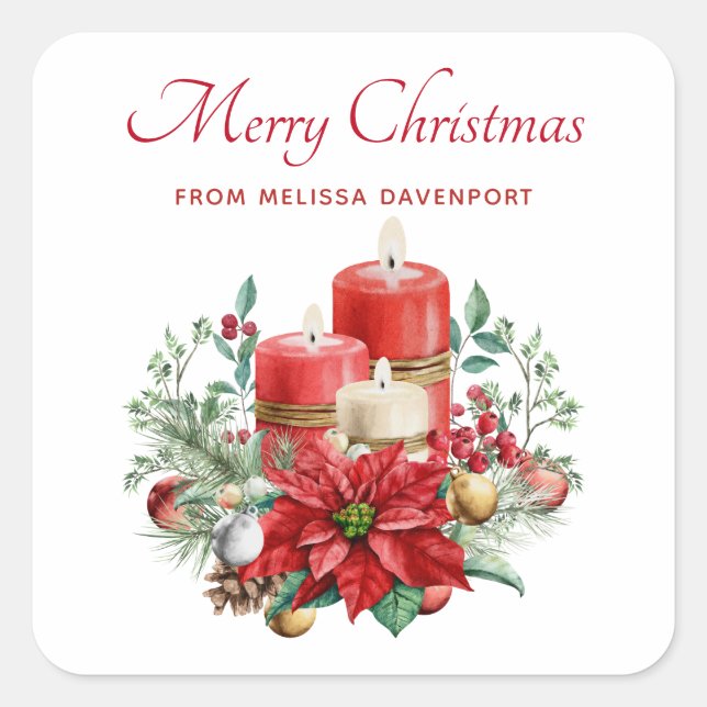 Pretty Candles and Poinsettia Bouquet Christmas Square Sticker (Front)