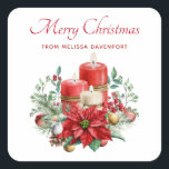 Pretty Candles and Poinsettia Bouquet Christmas Square Sticker<br><div class="desc">Stickers with a pretty bouquet made with watercolors. Red candles with gold accents and a smaller white candle too. Surrounded by a pine bouquet with a poinsettia flower.</div>