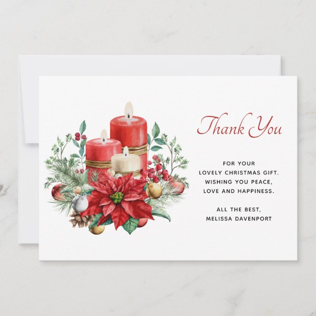 Pretty Candles and Poinsettia Bouquet Christmas Thank You Card (Front)