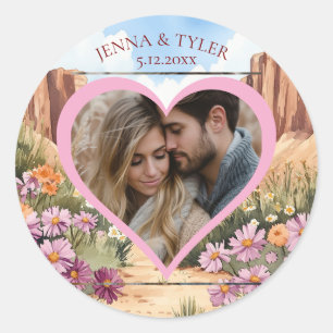 Pretty Canyon Themed Wedding Photo Template Classic Round Sticker