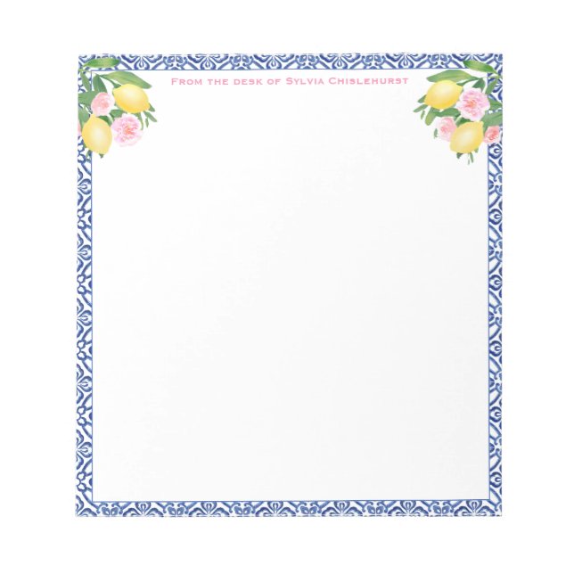 Pretty Capri Lemons Blue Tiles | From The Desk Of Notepad (Front)