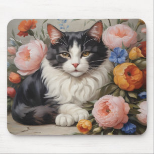 Pretty cat and flowers mouse mat