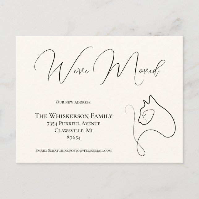 Pretty Cat Black & Ivory We’ve Moved Announcement Postcard (Front)