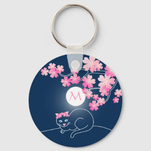 Pretty Cat Cherry Blossoms Moon Pink Sakura Blue Key Ring