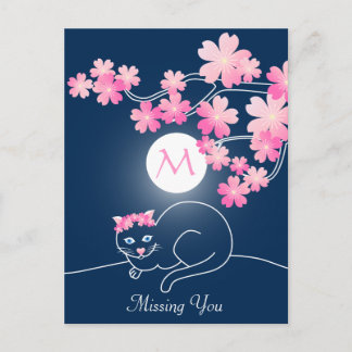 Pretty Cat Cherry Blossoms Moon Pink Sakura Blue Postcard