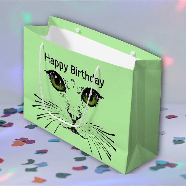 Pretty Cat Face With Green Eyes Long Whiskers Large Gift Bag (Pretty kitty cat face in black with green eyes and long whiskers on light green Birthday gift bag.)