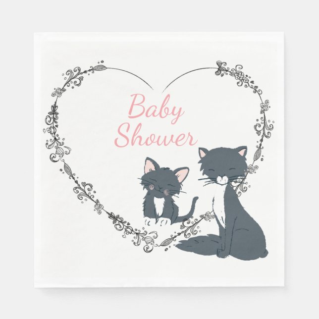 Pretty Cat, Kitten, Flower Heart Girls Baby Shower Napkin (Front)